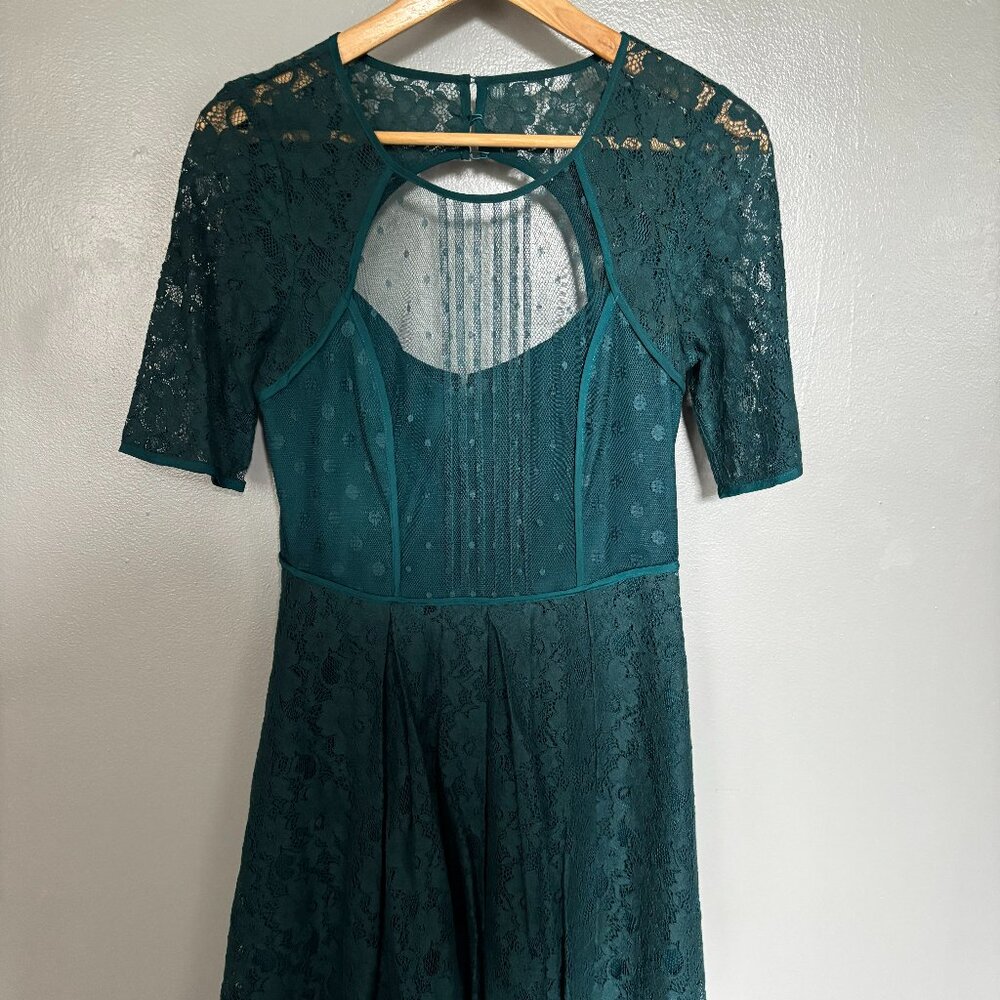 BCBG Dark Green Teal Lace Dress with Sleeves